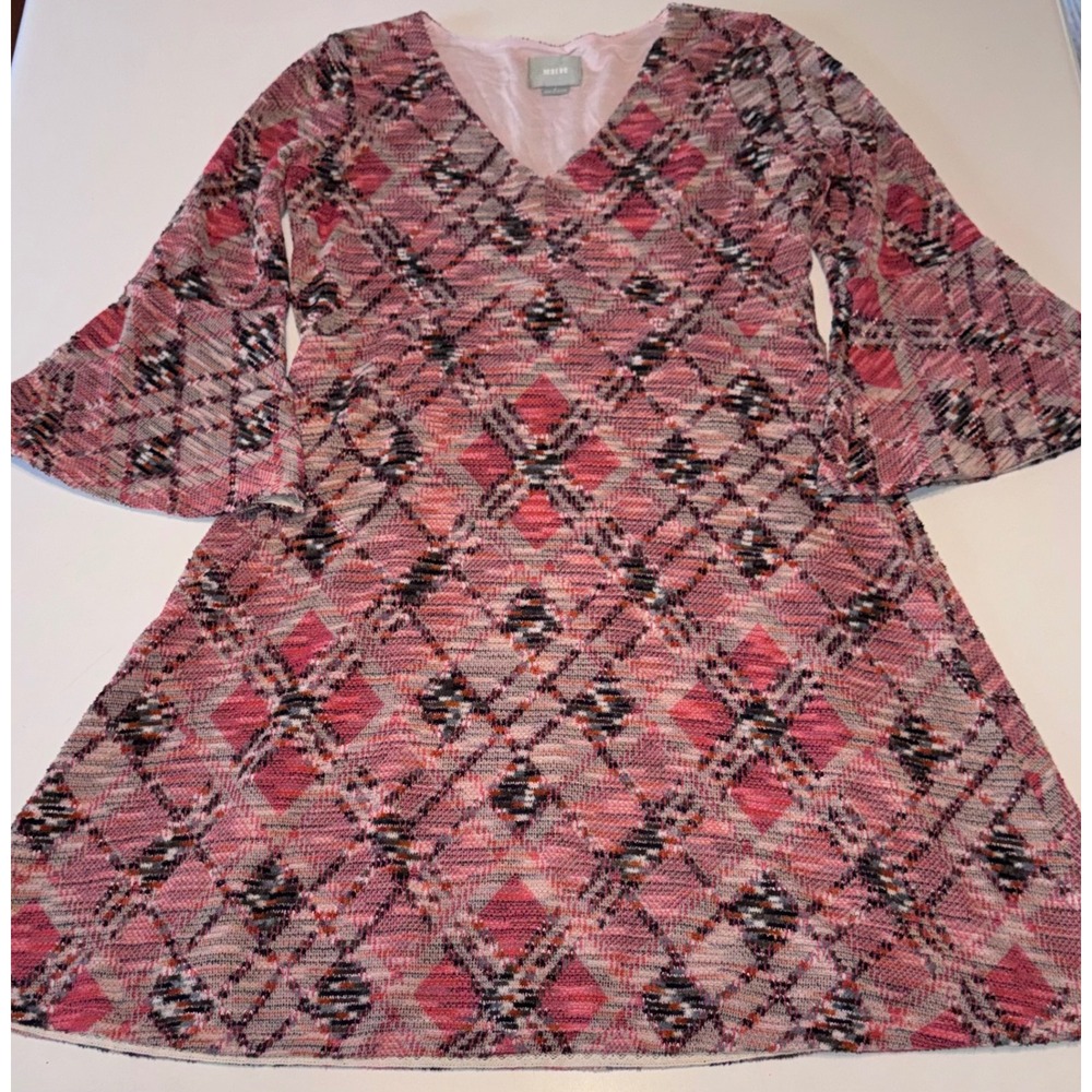 Maeve Anthropologie Pink Argyle Knit Bell Sleeve V-Neck Shift Fall Dress Small